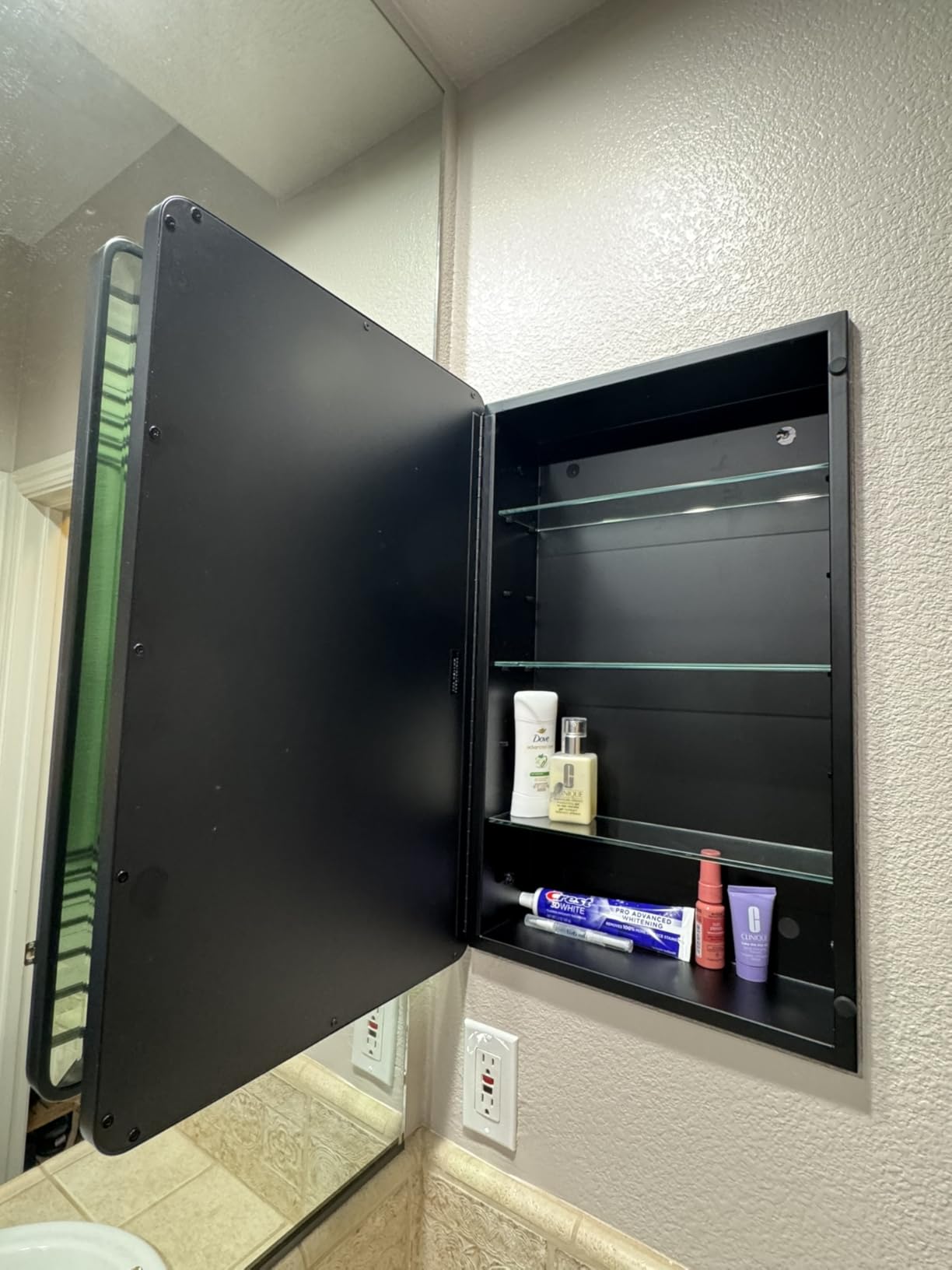 16x26 Austin Farmhouse Metal Framed Rounded Rectangle Recessed Bathroom Medicine Cabinet, Beveled Mirror, 14x24 in-Wall Opening, powder-coated Steel, Adjustable Glass Shelves, Magnet Close, Black customer photo 1