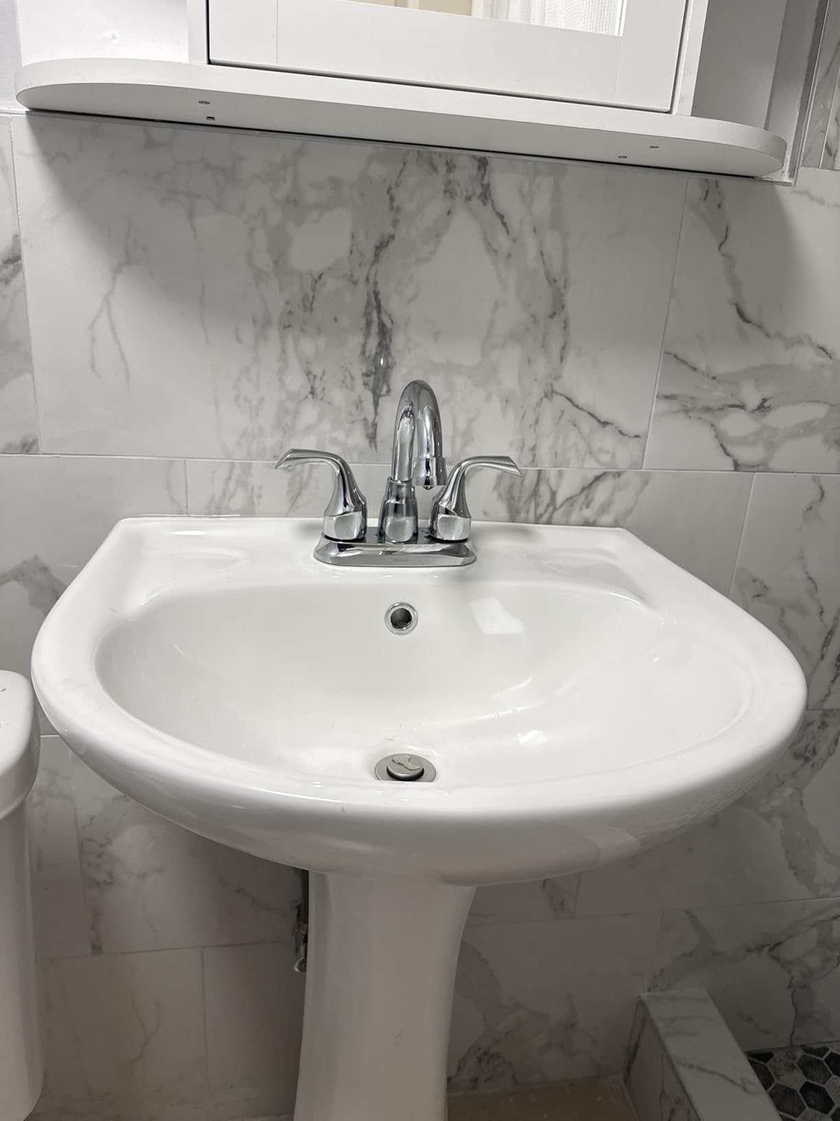 Corner Pedestal Sink White 1 Hole, 23 x 19 Inch Small Bathroom Pedestal Sink Combo, 1 Overflow Hole, 1 Faucet Hole, Pure White Porcelain, Triangular, for Small Bathroom, Half Bath customer photo 1