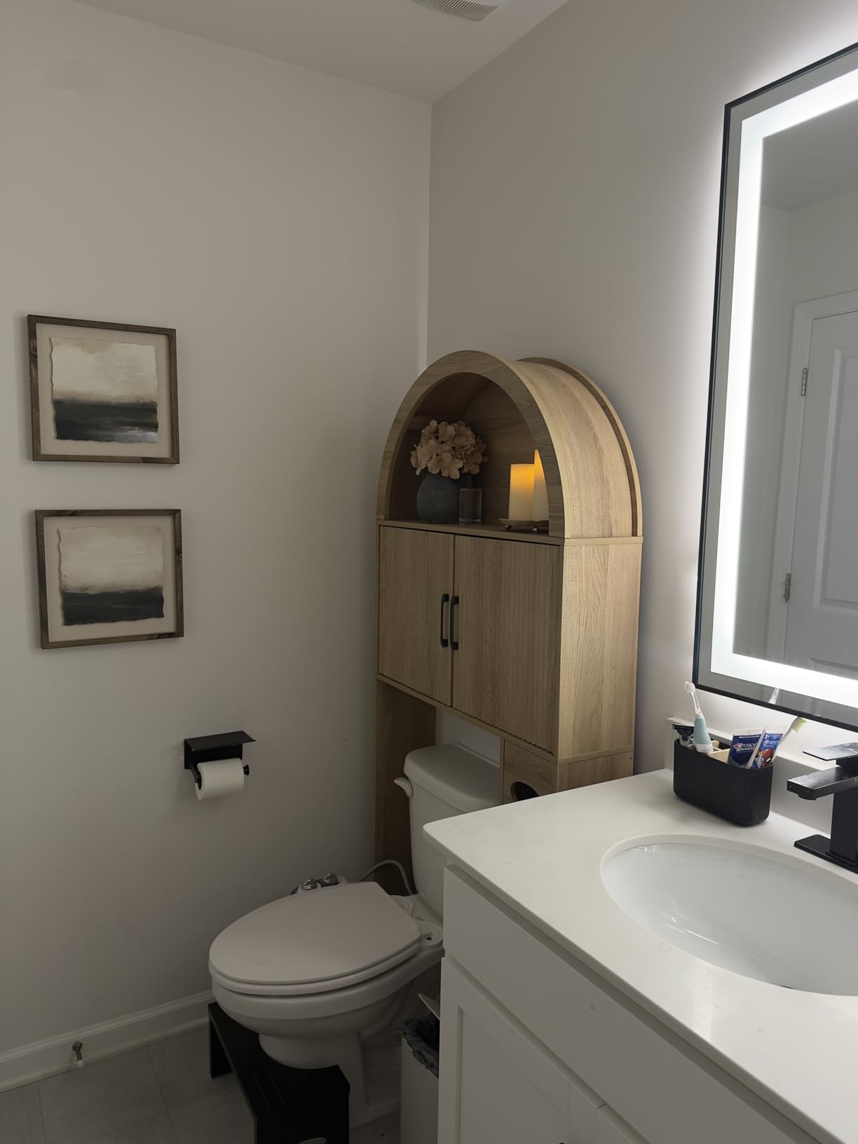 Spurgehom Over The Toilet Storage Cabinet, Bathroom Shelf Organizer Freestanding, Bathroom Arch Cabinet Over Toilet with Toilet Paper Holder and Anti-Tipping Device, Wood customer photo 1