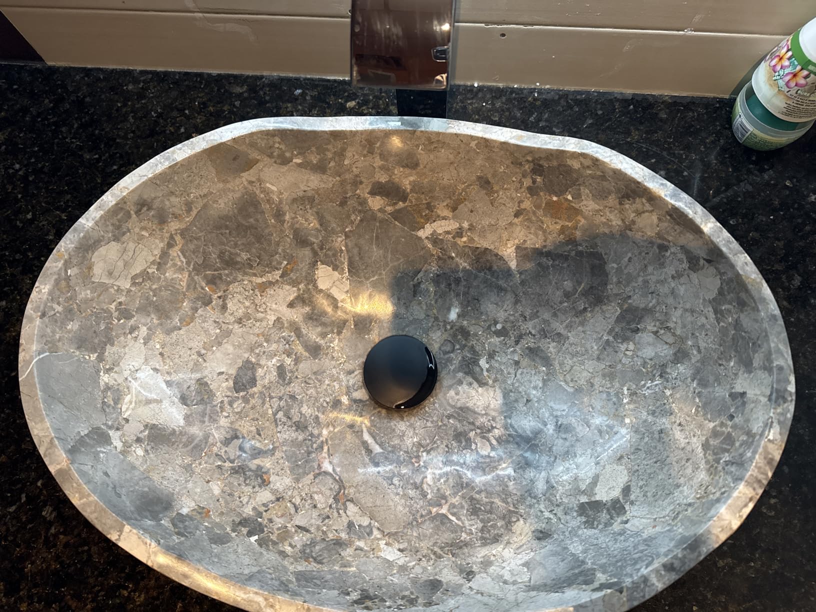 Fossil Gray Breccia Marble Vessel Sink with Unique Beige and Gold Patterns, Hand-Carved Canoe-Shaped Bathroom Sink, Modern Rustic Countertop Sink customer photo 1