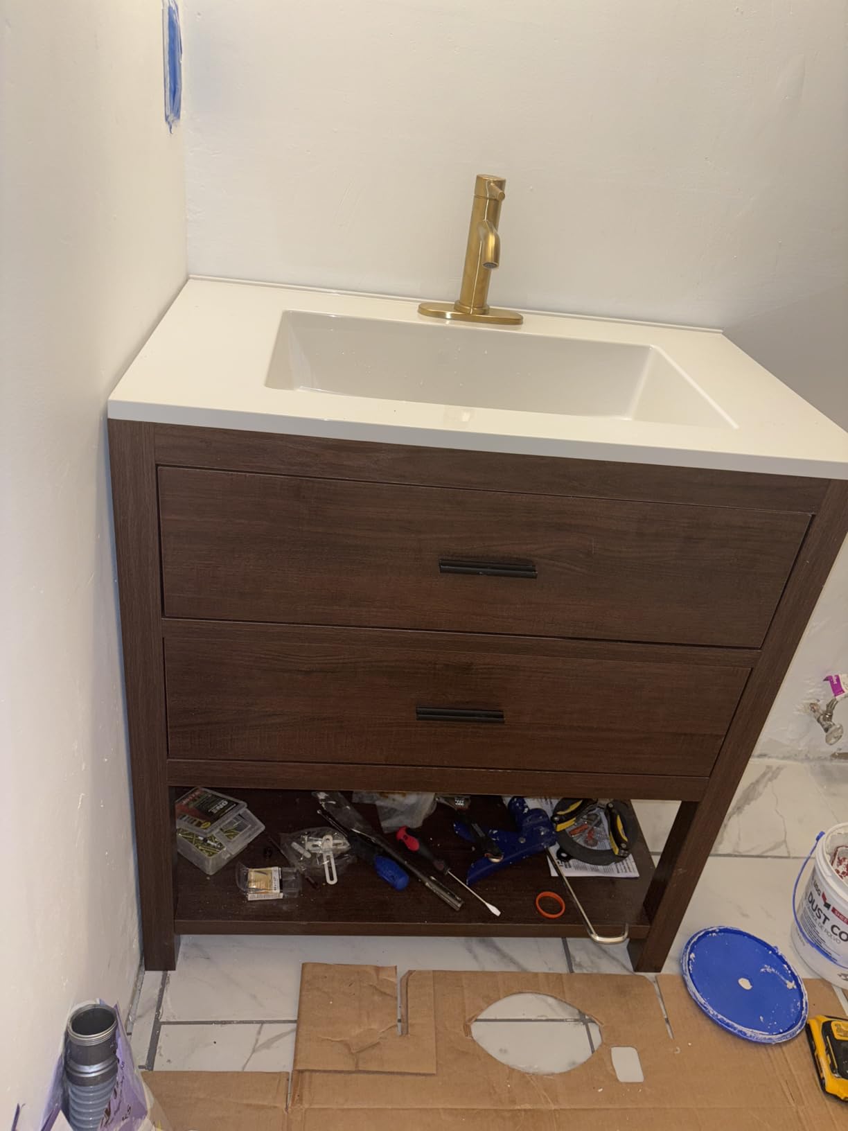 36 Inch Bathroom Vanity with Sink, Farmhouse Storage Cabinet with Drawers & Open Storage Shelf, Assembly Required, Adjustable Feet, Walnut customer photo 2