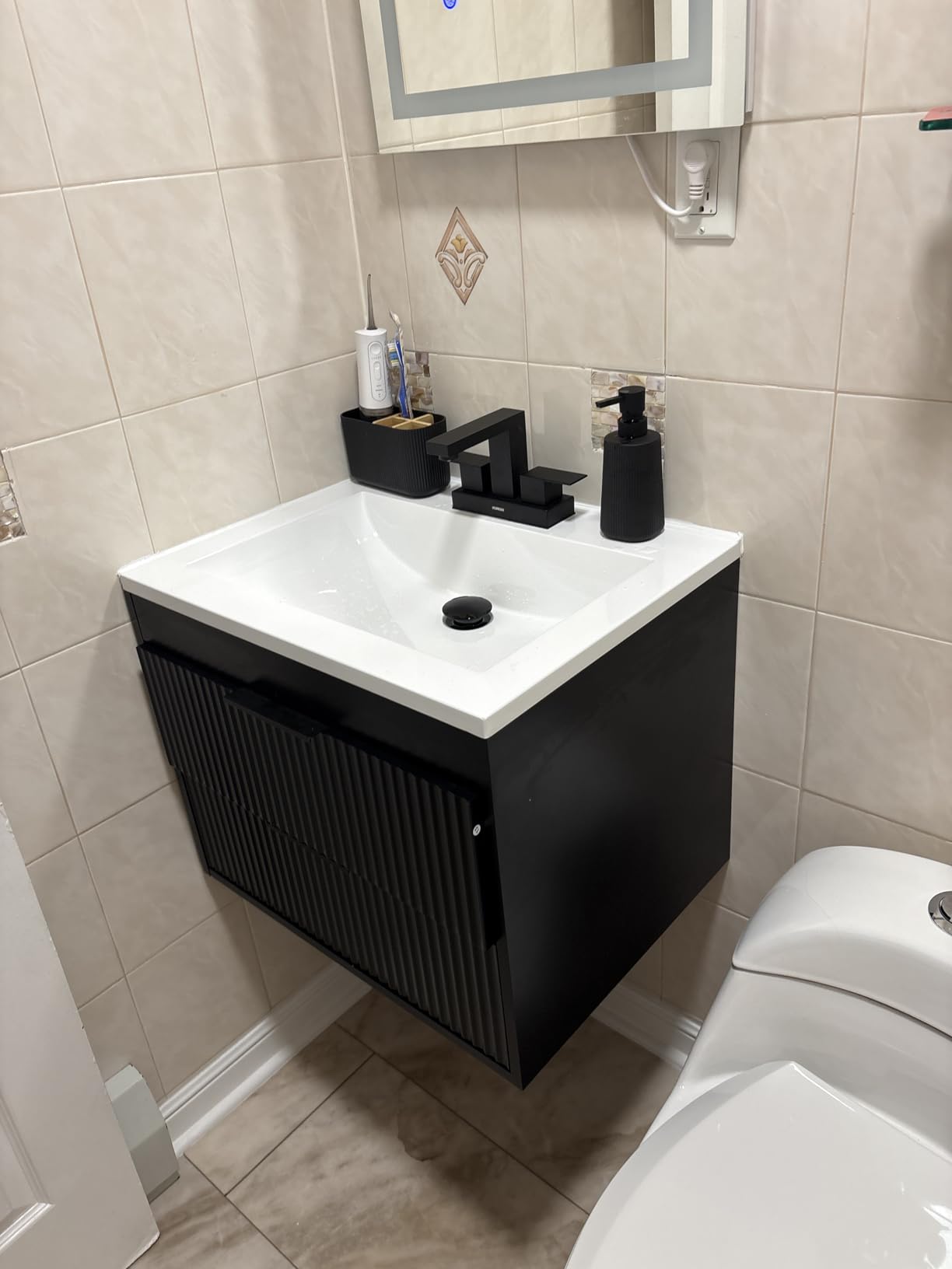 24 Inches Modern MDF Bathroom Vanity with Sink, Wall Mounted Floating Cabinets w/Double Drawers, Black Handles, White Resin Sink Combo Set (White, 24