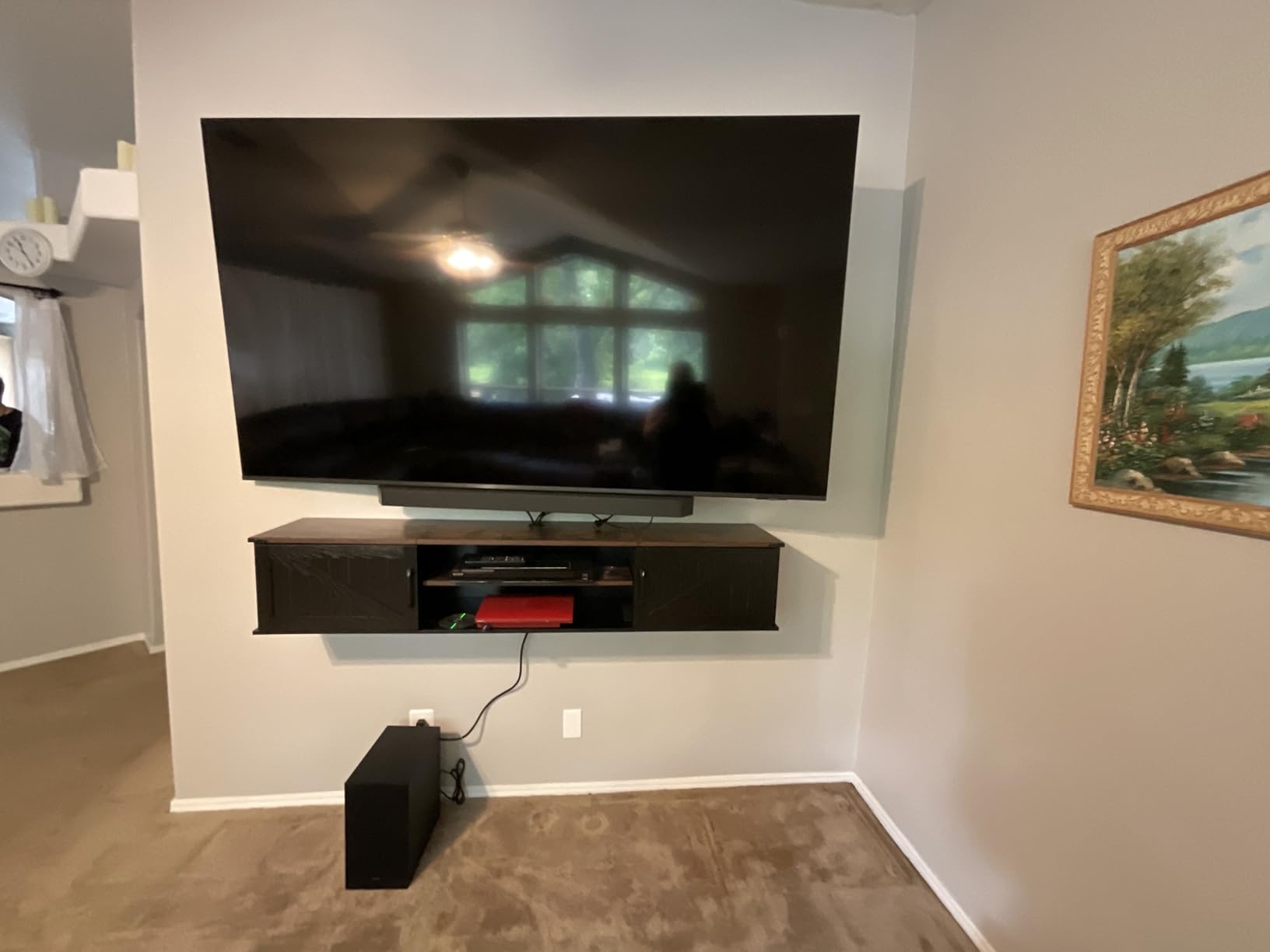 Floating TV Stand with Doors, 63'' Farmhouse Floating TV Shelf for TVs up to 80 Inch, 2 Tier Wall Mounted TV Stand, Floating Entertainment Center, TV Floating Cabinet for Living Room, Bedroom, Black customer photo 1