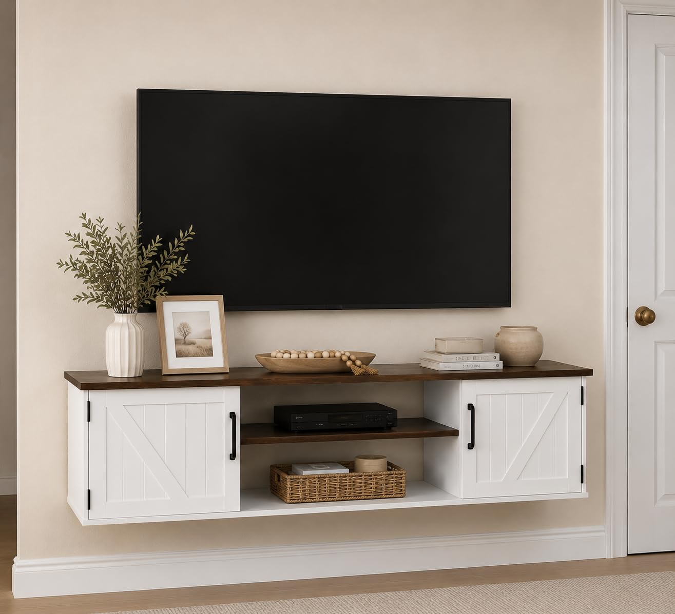 Floating TV Stand with Doors, 63'' Farmhouse Floating TV Shelf for TVs up to 80 Inch, 2 Tier Wall Mounted TV Stand, Floating Entertainment Center, TV Floating Cabinet for Living Room, Bedroom, Black customer photo 2