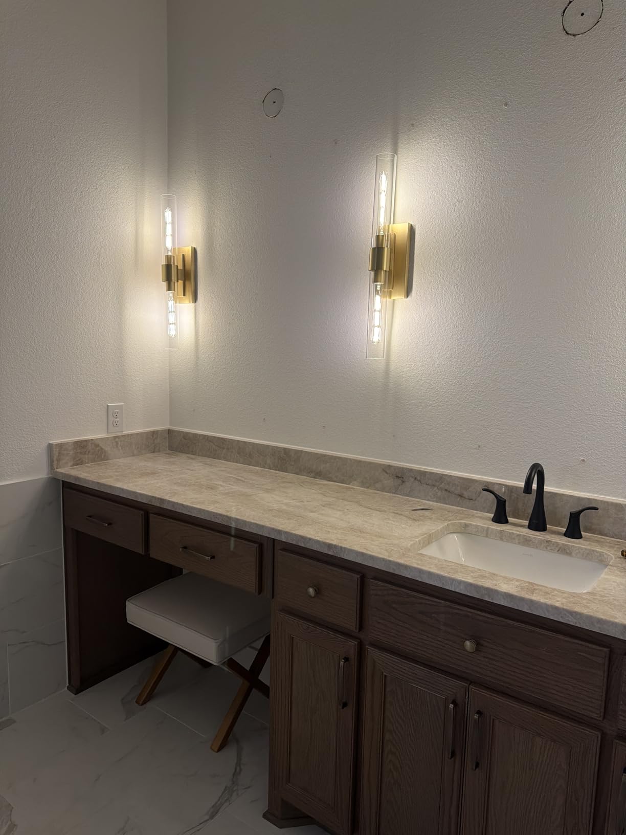 Champagne Brass Bathroom Wall Sconce - Set of 2 Modern Gold Light Sconces - Clear Glass Tube Vanity Lights - Vertical or Horizontal Mounted Dimmable Lighting Fixtures for Indoor Living Room Hallway customer photo 1