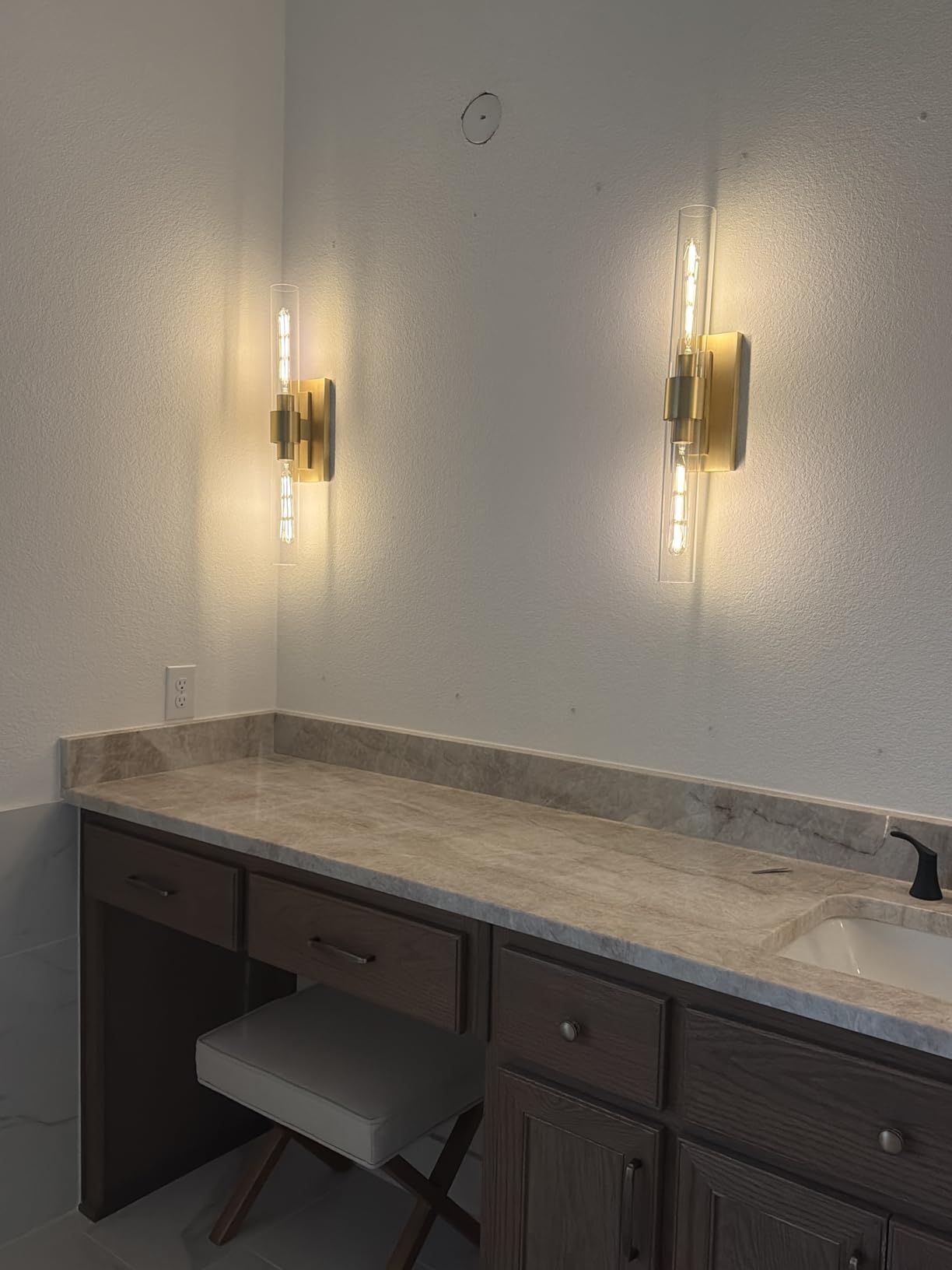 Champagne Brass Bathroom Wall Sconce - Set of 2 Modern Gold Light Sconces - Clear Glass Tube Vanity Lights - Vertical or Horizontal Mounted Dimmable Lighting Fixtures for Indoor Living Room Hallway customer photo 2
