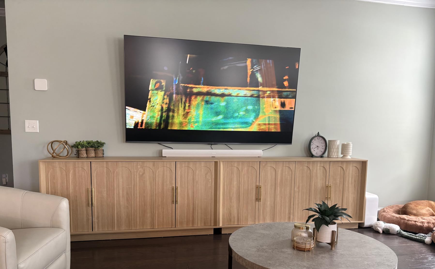 FORTUNETEC Sideboard Buffet Cabinet with Storage, Mid Century Modern Accent Cabinet with Arched Doors, Modular Media Console, Minimalist Credenza for Living Room Kitchen Dining Room Entryway, Walnut customer photo 1