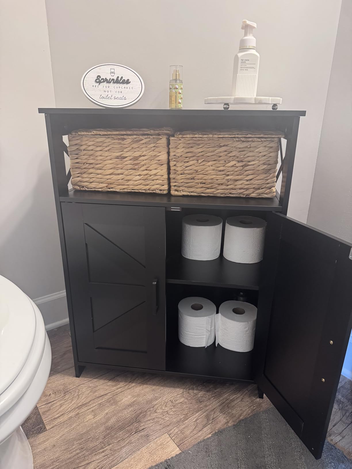 Homhedy Farmhouse Bathroom Storage Cabinet with 2 Doors, Toilet Paper Cabinet with Adjustable Shelf, Small Bathroom Cabinet for Kitchen/Laundry/Living Room, 11.8 x 23.6 x 31.5 Inches, Black customer photo 2