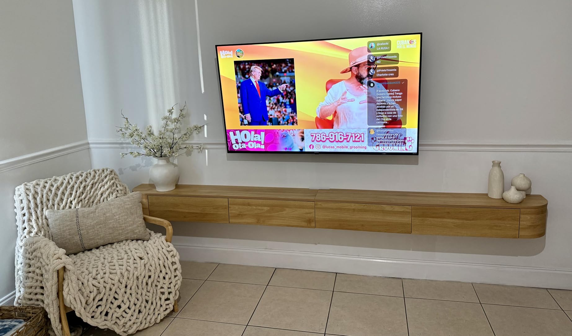 Floating TV Stand Large Floating TV Shelves Wall Mounted Multi Storage Compartment TV Media Console Floating TV Cabinet Bench Under TV Large Storage (Brown with LED, 94.5 * 7.9 * 11.8 in) customer photo 1