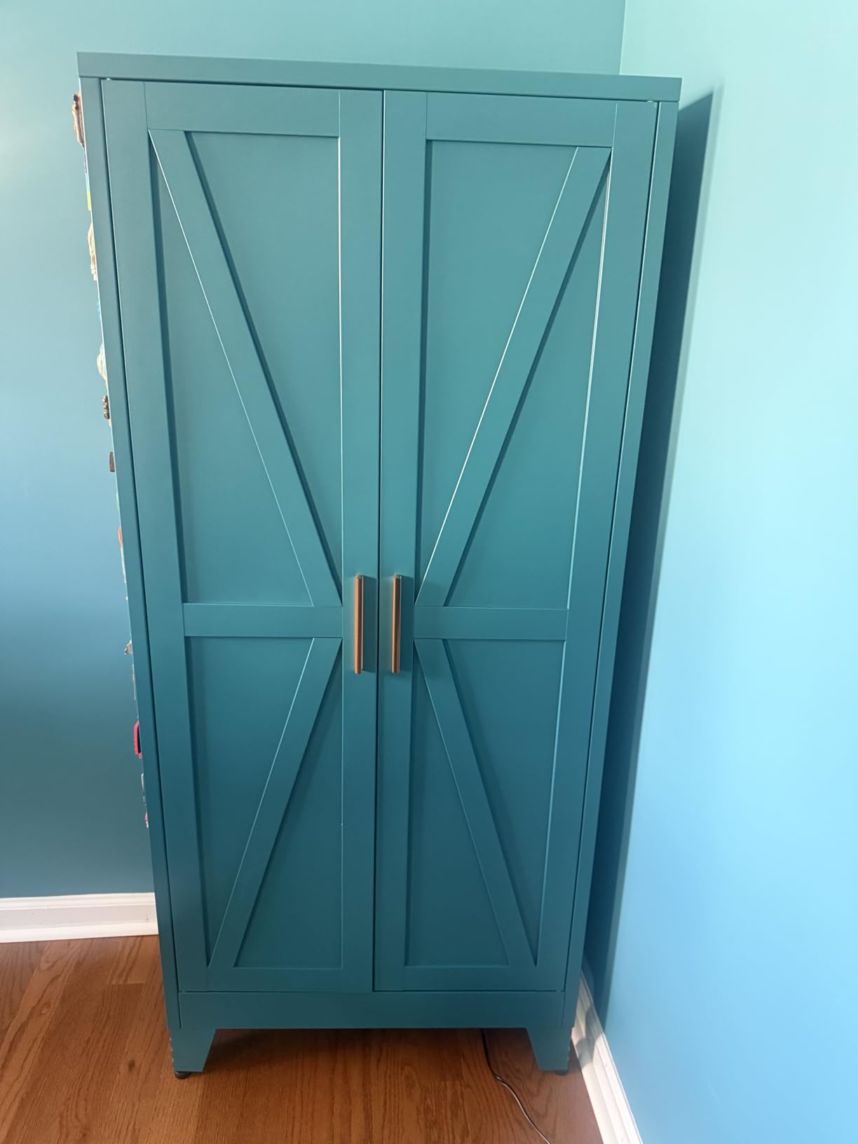 COFaR Home Farmhouse Storage Cabinet with 2 Barn Door, Tall Kitchen Pantry Cupboard with 3 Adjustable Shelves, Blue Green, 61