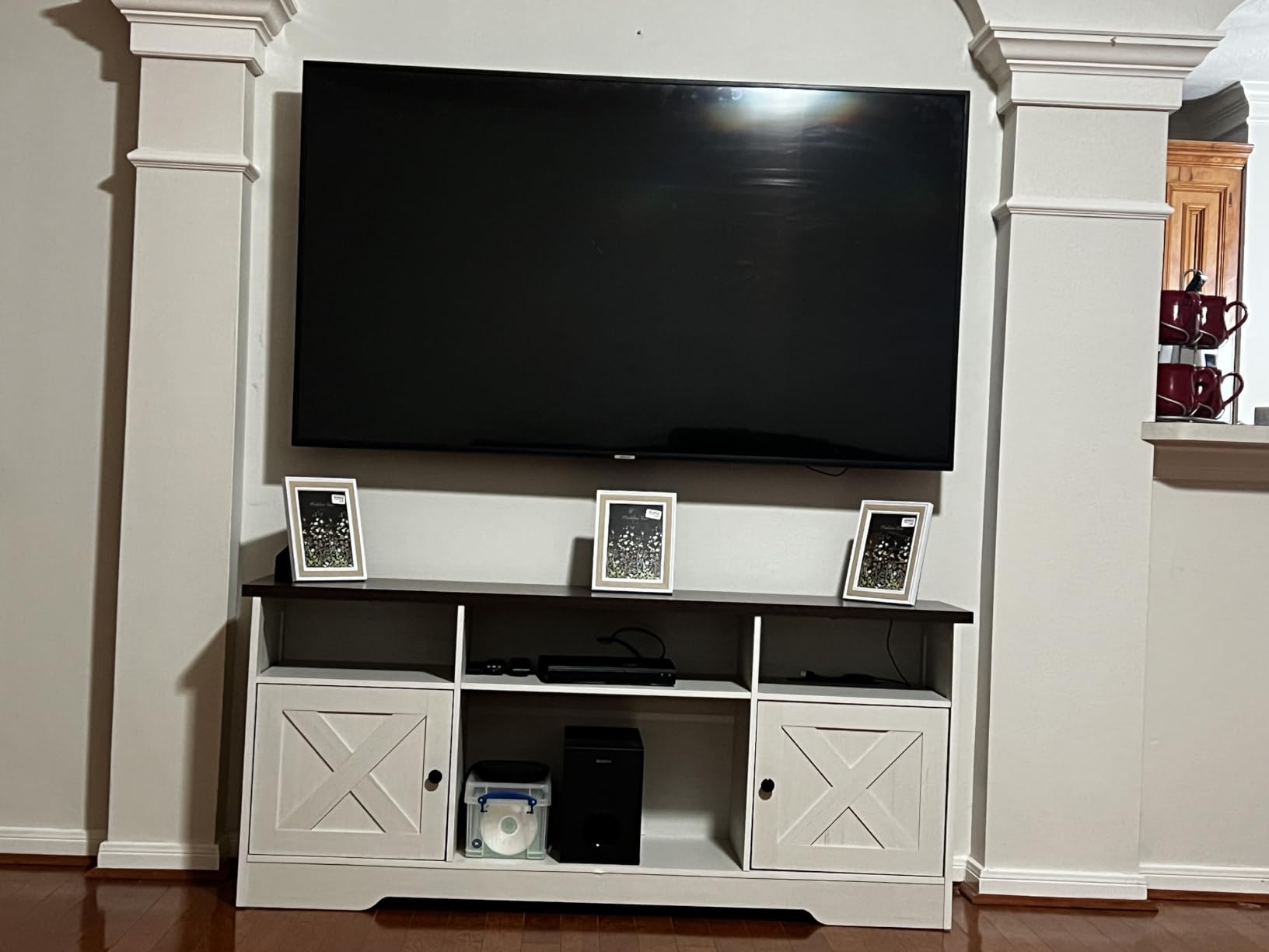 Casaottima TV Stand for 65 Inch TV, Farmhouse Entertainment Center with Power Outlet & LED Light and Storage Cabinets, Console Table and Media Furniture for Living Room Bedroom, White customer photo 2