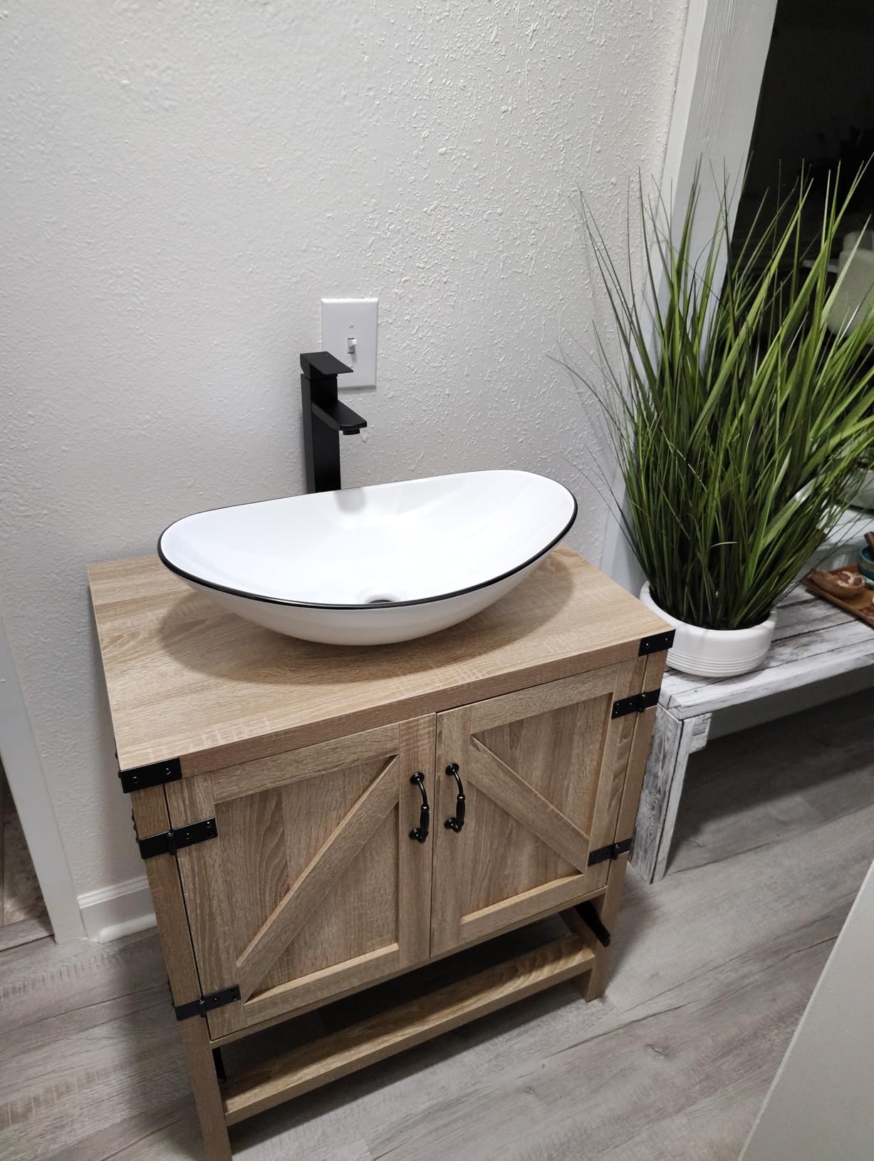 48 inch Natural Color Bathroom Vanity, Rustic Fixture Standing Pedestal Cabinet with Two Black and White Ceramic Vessel Sinks customer photo 2