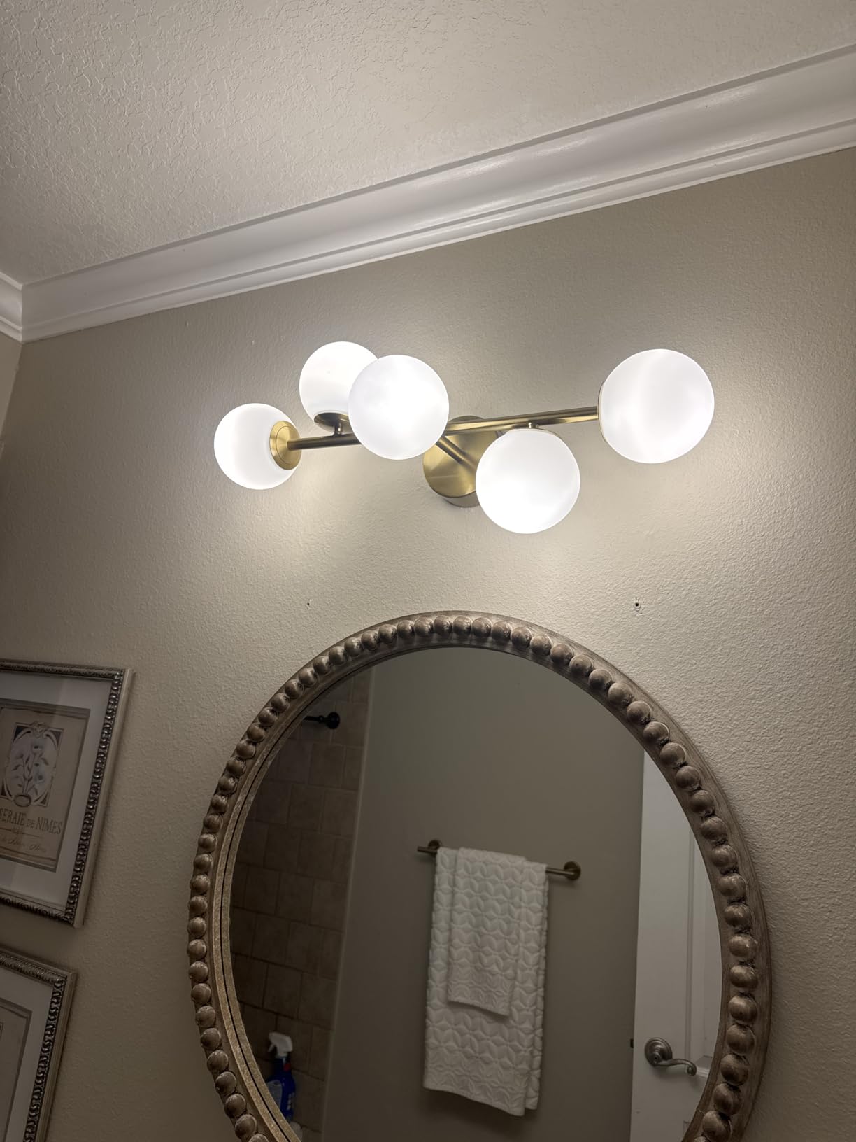 Gold Bathroom Vanity Light Fixtures: 5-Light Hammered Clear Glass Globe Light Fixture Bathroom Wall Sconce over Mirror - Mid Century Modern Gold Dimmable LED Brushed Brass Vanity Lighting Sconces customer photo 1