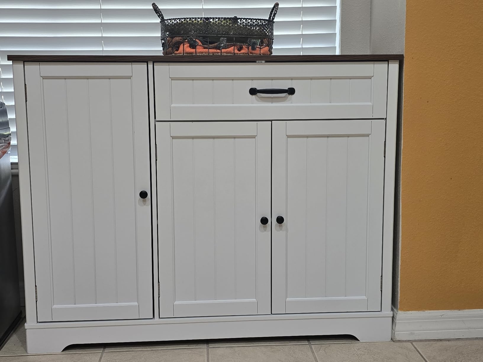 Gizoon Kitchen Coffee Bar Cabinet with Storage Kitchen Sideboard Buffet Cabinet with Drawers, Short Pantry with Door and Shelves for Bathroom and Living Room, White and Black, Painted customer photo 1