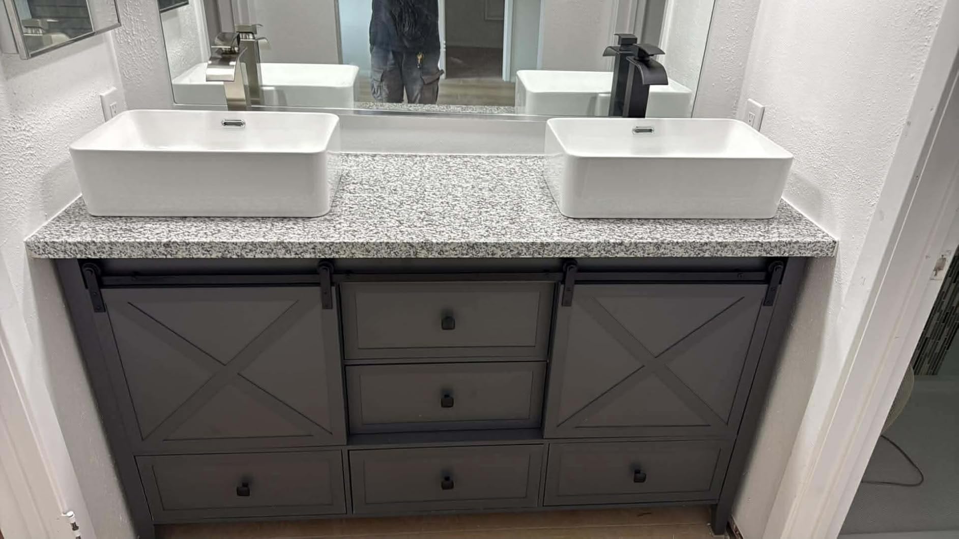 VNN Bathroom Vanity with Sink - 36 Inch Bathroom Vanity with Sink Ceramic, Freestanding Cabinet with Farmhouse Sliding Barn Door and 3 Drawers, Space-Saving Storage Cabinet, Wood Grain Texture, White customer photo 2