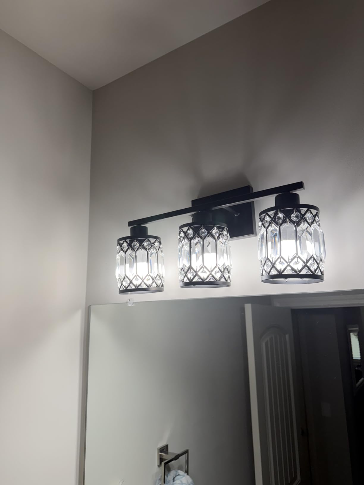 Crystal Modern Bathroom Light Fixtures, 3-Light Black Bathroom Vanity Wall Light, Vanity Lights for Mirror, Restroom, Bedroom (E26 Socket, Bulbs Not Included) customer photo 1
