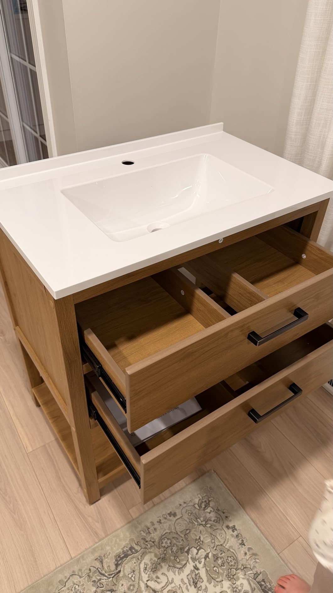 30 Inch Poly Lumber Bathroom Vanity with Sink Combo, Waterproof Freestanding Cabinet, SMC Resin Countertop with 2 Drawers & Open Storage Shelf, Adjustable Feet, Zinc-Alloy Handles, Teak Color customer photo 1