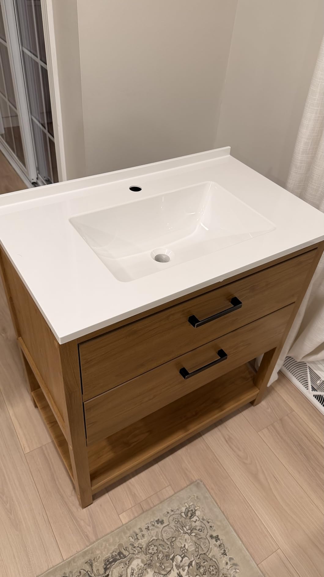 30 Inch Poly Lumber Bathroom Vanity with Sink Combo, Waterproof Freestanding Cabinet, SMC Resin Countertop with 2 Drawers & Open Storage Shelf, Adjustable Feet, Zinc-Alloy Handles, Teak Color customer photo 2