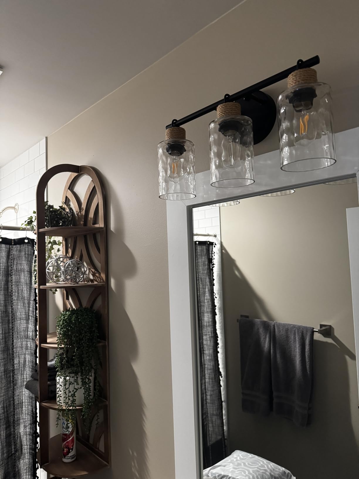 MOKATNG Set of 2 Wall Sconces for Bathroom, Coastal Modern Vanity Lights with Crystal Glass Shade, Brown and Gold Bathroom Wall Lamp for Mirror Kitchen Living Room Hallway Cabinet Porch customer photo 2