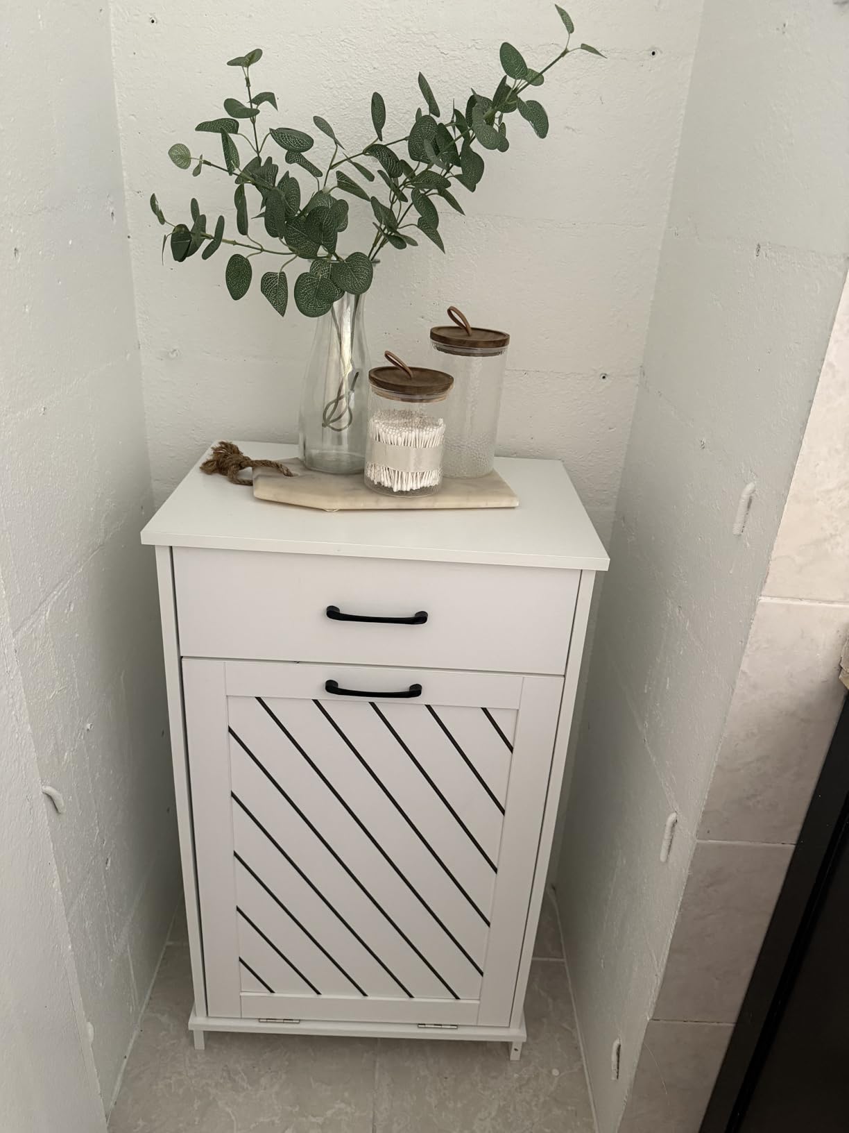 njnj 2x13 Gallons Double Tilt Out Trash Can Cabinet, White Hidden Kitchen Trash Cabinet with Storage Drawers, Pet Proof Hidden Garbage Can for Kitchen, Laundry Room, Bathroom Wood customer photo 2