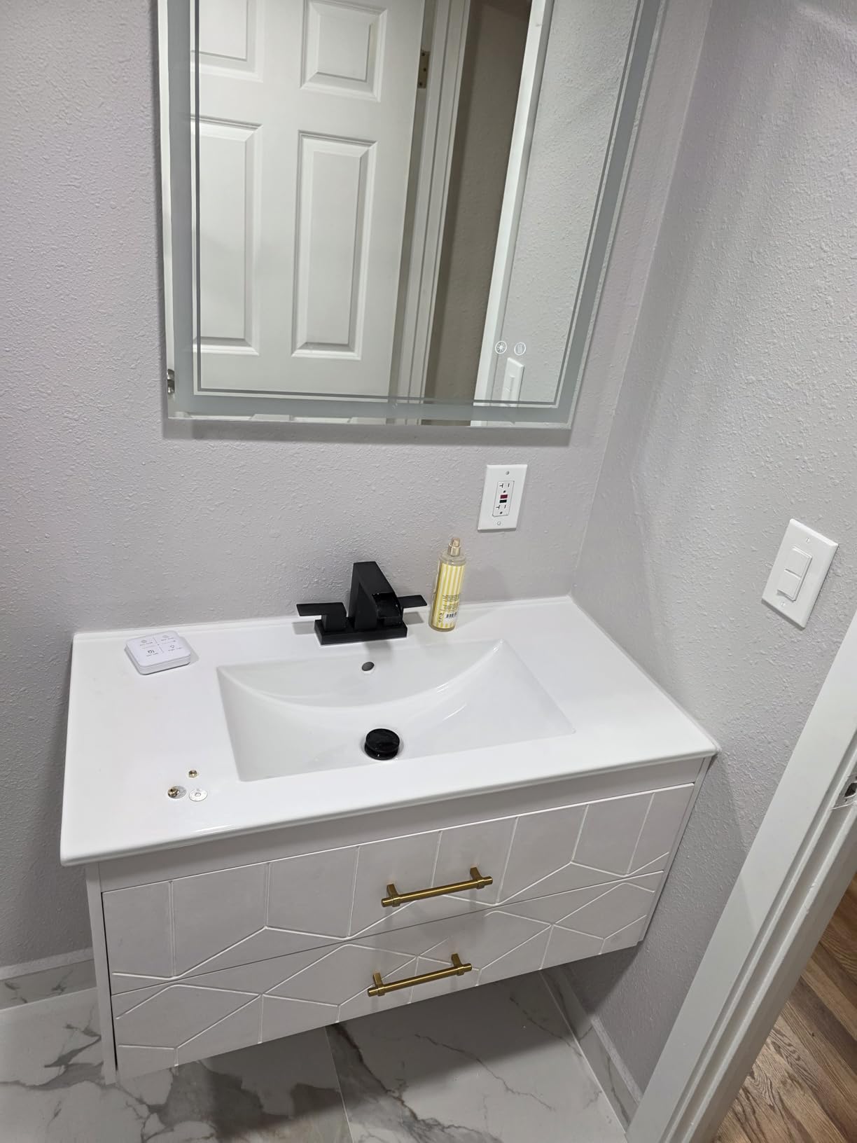 IDEALHOUSE Floating Bathroom Vanity with Sink 36 inch, Modern Bathroom Sink Cabinet, Ceramic Vanity Top, 2 Large Storage Drawers with Gold Metal Handle, Easy to Assembly, Grey customer photo 1