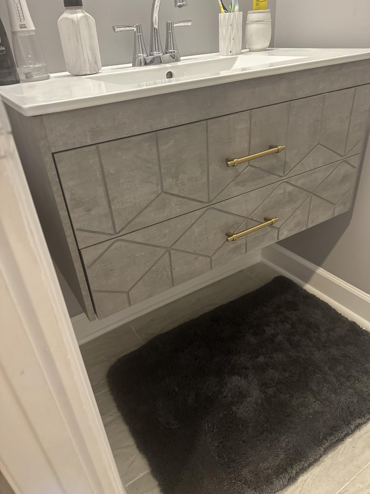 IDEALHOUSE Floating Bathroom Vanity with Sink 36 inch, Modern Bathroom Sink Cabinet, Ceramic Vanity Top, 2 Large Storage Drawers with Gold Metal Handle, Easy to Assembly, Grey customer photo 2