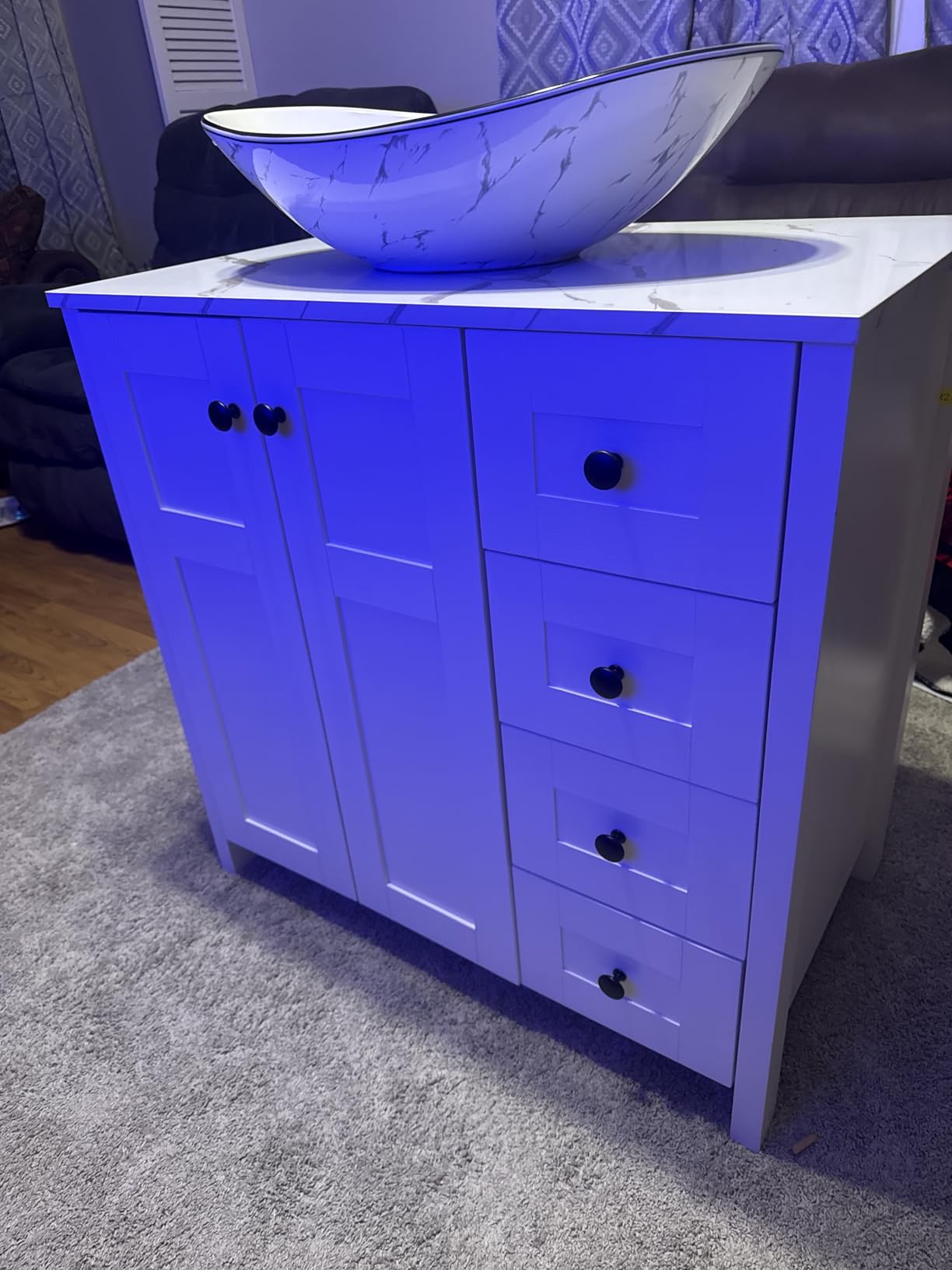 32 Inches White Bathroom Vanity with Marble Texture Top and 4 Drawers, with Marble Boat Ceramic Sink customer photo 1