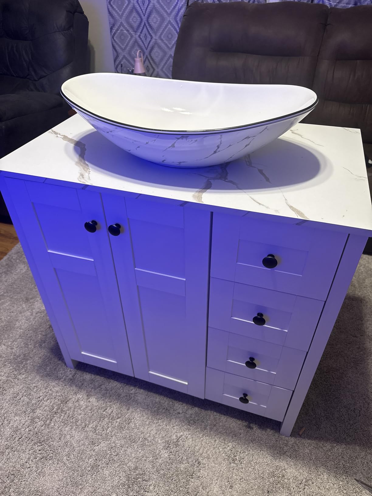 32 Inches White Bathroom Vanity with Marble Texture Top and 4 Drawers, with Marble Boat Ceramic Sink customer photo 2