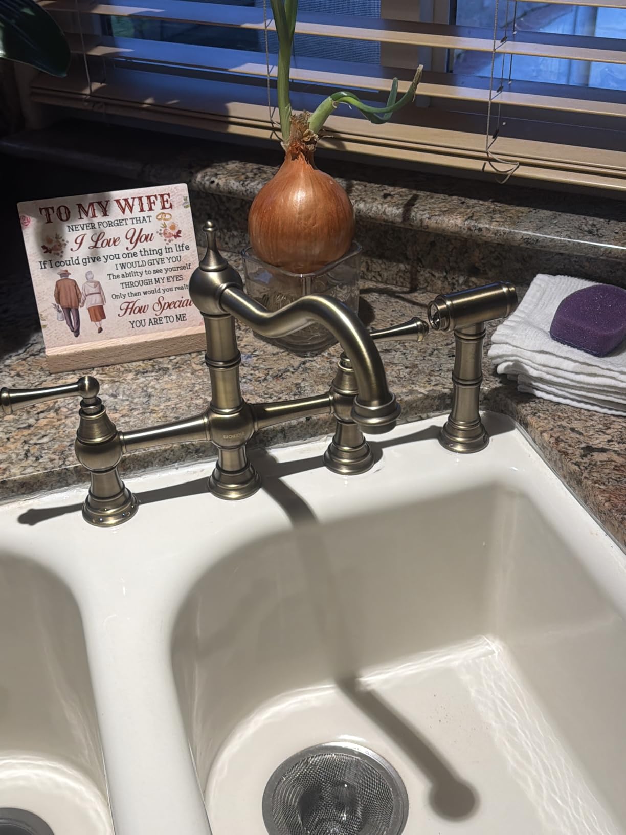 WOWOW Brass Bridge Kitchen Faucet 4 Hole with Side Sprayer, Brushed Nickel | 2 Handle 8 Inch Centerset Bridge Faucet for Kitchen Sink, Solid Brass Construction, Vintage Farmhouse Style customer photo 1