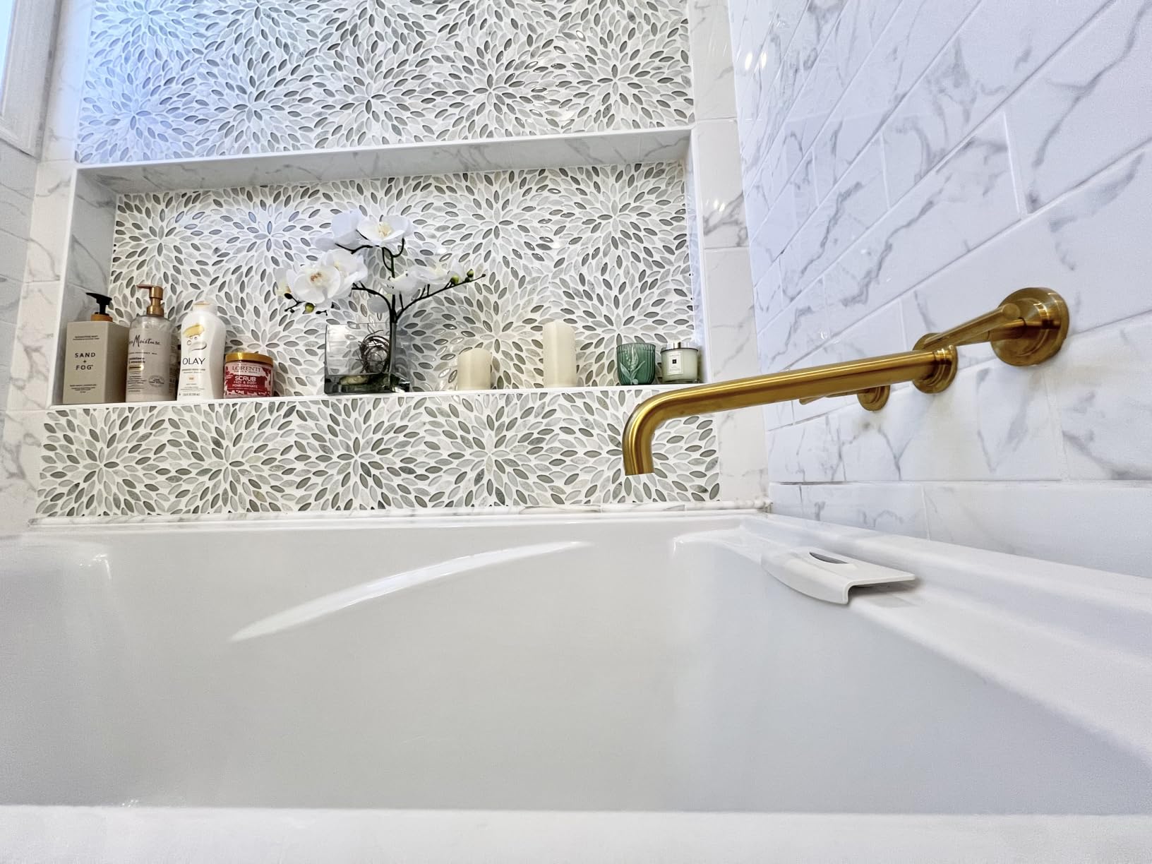 WOWOW Wall Mount Tub Filler: Gold Tub Faucet High Flow Two Handles Solid Brass, Long Spout Reach, with Brass Rough in Valve Included customer photo 1