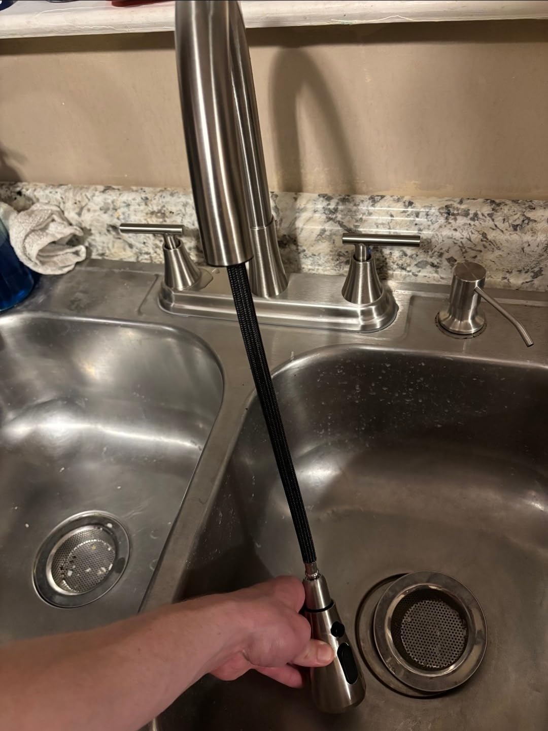 Hurran 8-Inch 2 Handle Pull Down Kitchen Faucet with Soap Dispenser, High Arc 2-in-1 Spray/Stream Stainless Steel Kitchen Sink Faucet for 3-4 Hole Widespread Installation, Brushed Nickel customer photo 1